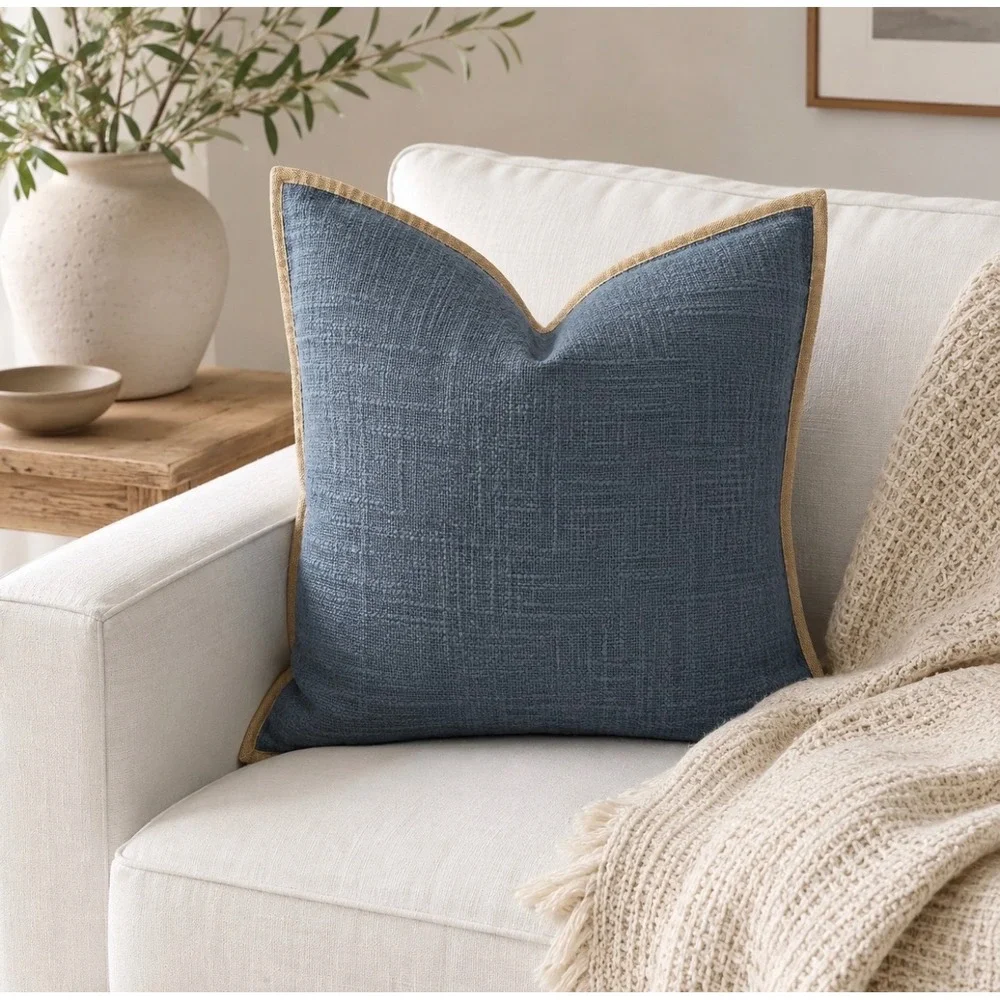 Pottery Barn Blue Cotton Basketweave Tan Flange Pillow Cover 20x20 NWT